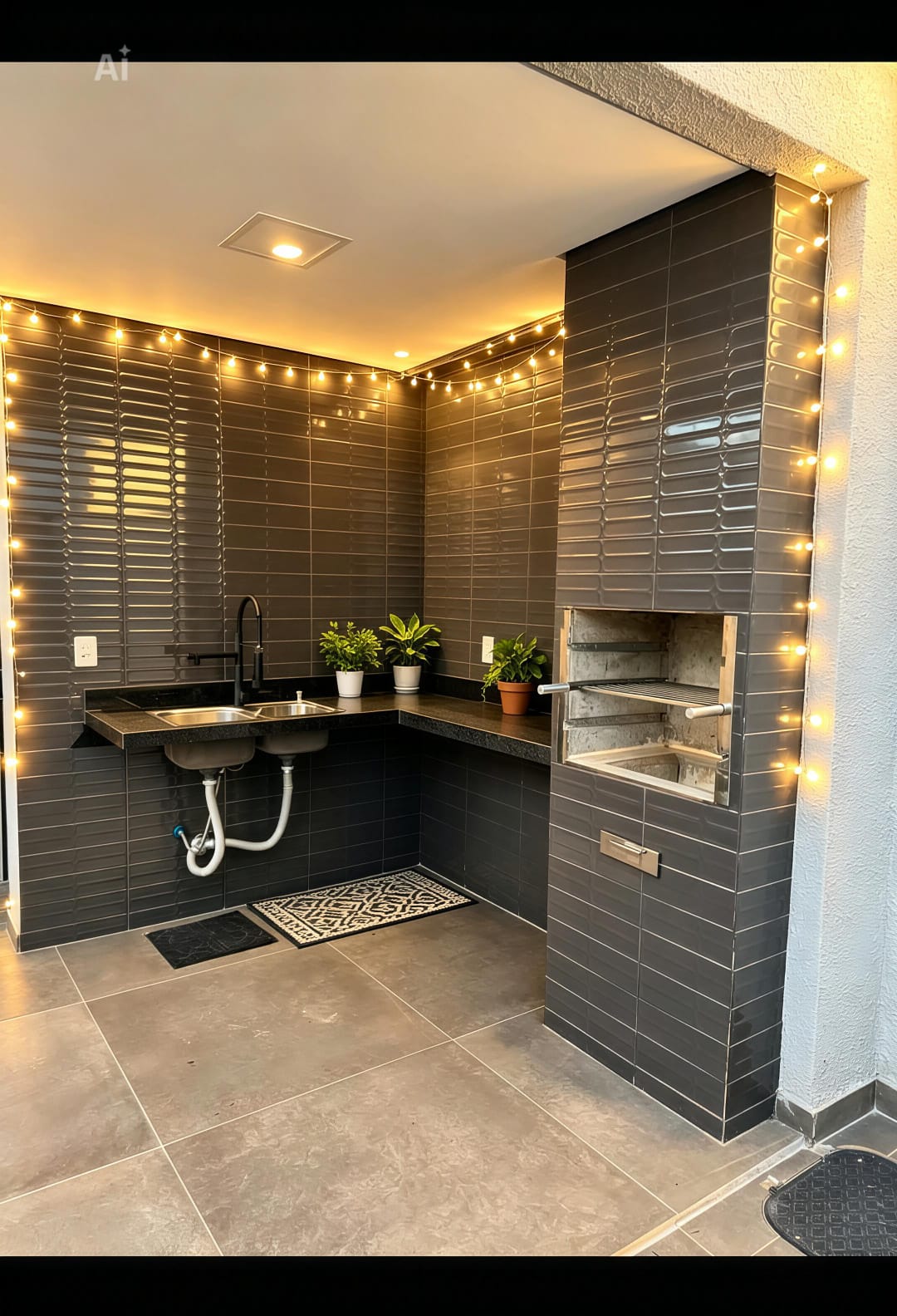 Espaço gourmet revestido com churrasqueira, bancada e iluminação decorativa