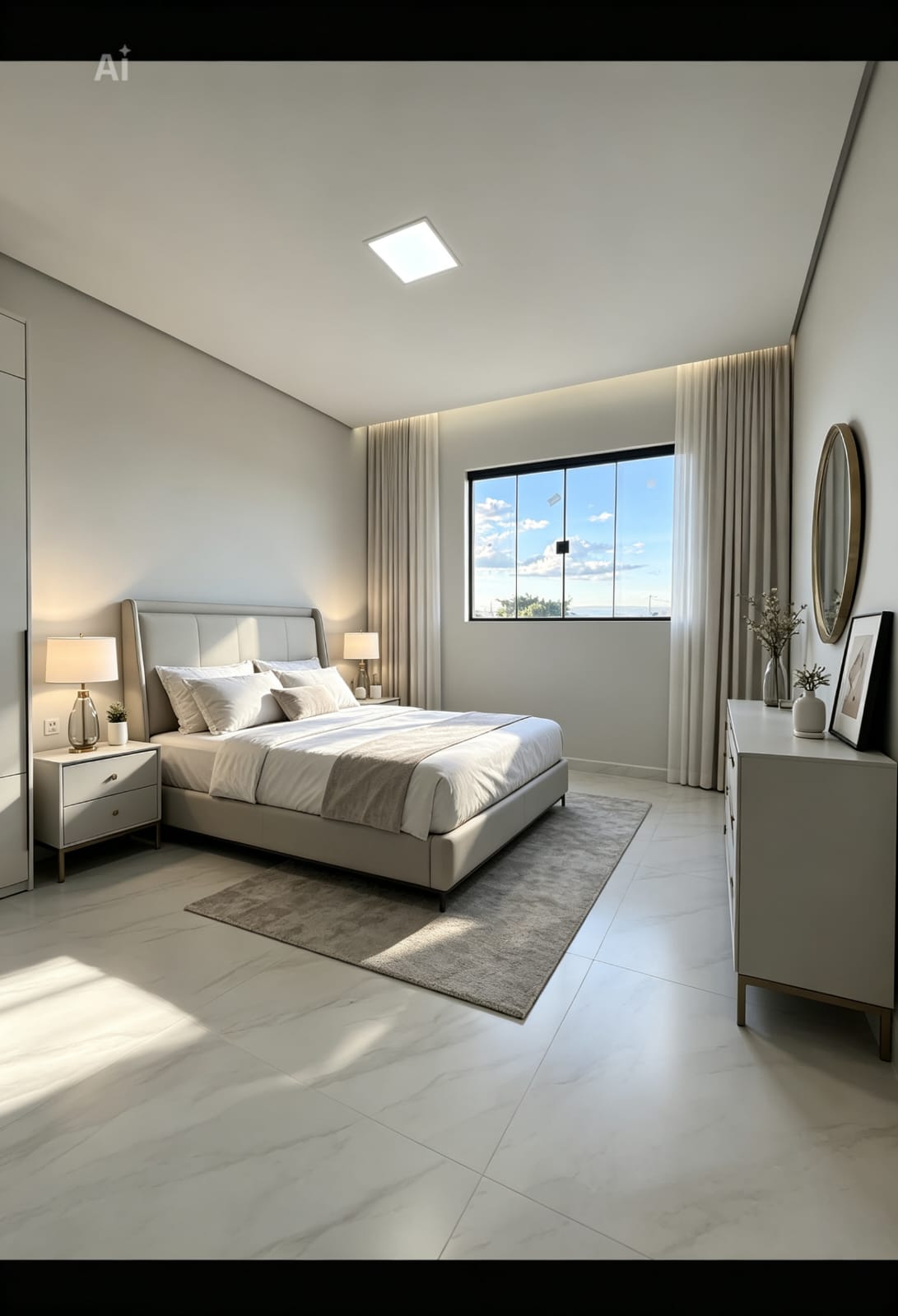 Quarto amplo com acabamento claro, iluminação natural e mobiliário contemporâneo