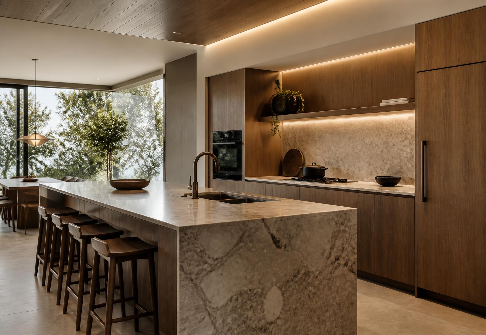 Cozinha com bancada em pedra natural e iluminação embutida