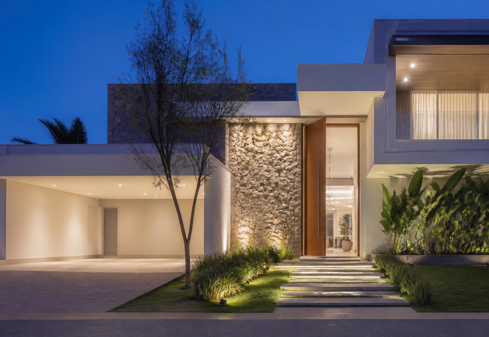 Fachada contemporânea com pedra natural e iluminação embutida